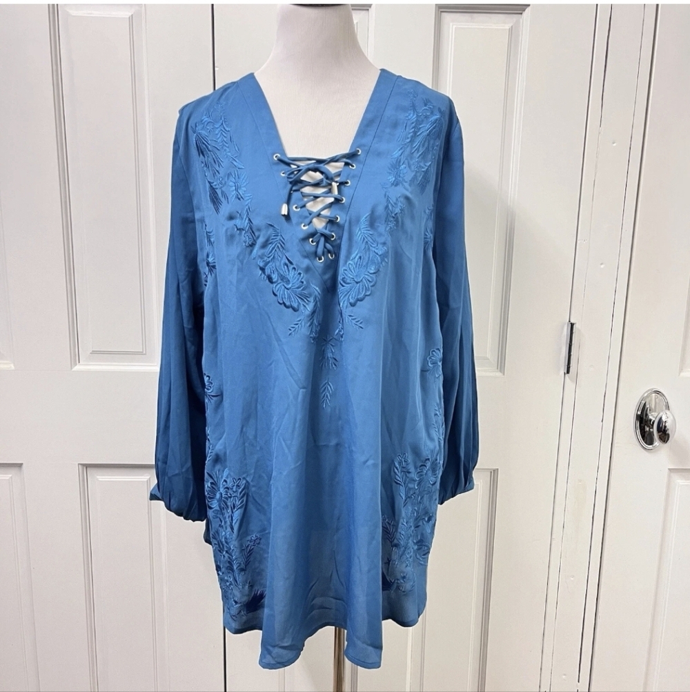 Roaman's Blue Embroidered Lace-Up Tunic Blouse